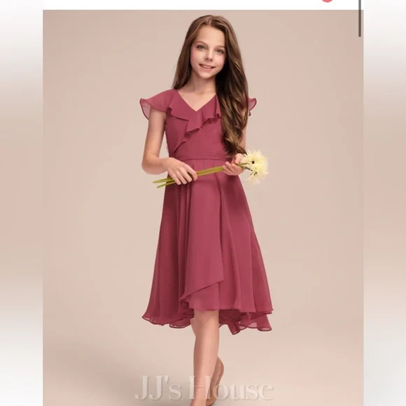 david's bridal pink bridesmaid dress Dusty Pink Chiffon Junior Bridesmaid Dress with Pleats for Girls – Elsi John main image 1